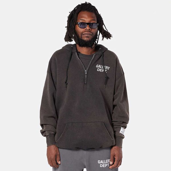 

new designer mens sweatshirts galleryy depts womens hoodies luxury letter washed old high street loose half zip hoodie pullover fashion high, Black
