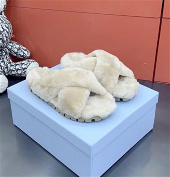 

thick soled women slippers cross high-grade fur integrated lamb wool slippers size 35-39, Black