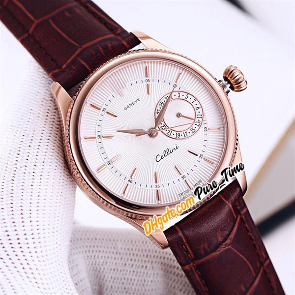 

new cellini time m50515-0008 automatic mens watch 50515 rose gold case white texture dial stick markers brown leather watches pure308t, Slivery;brown