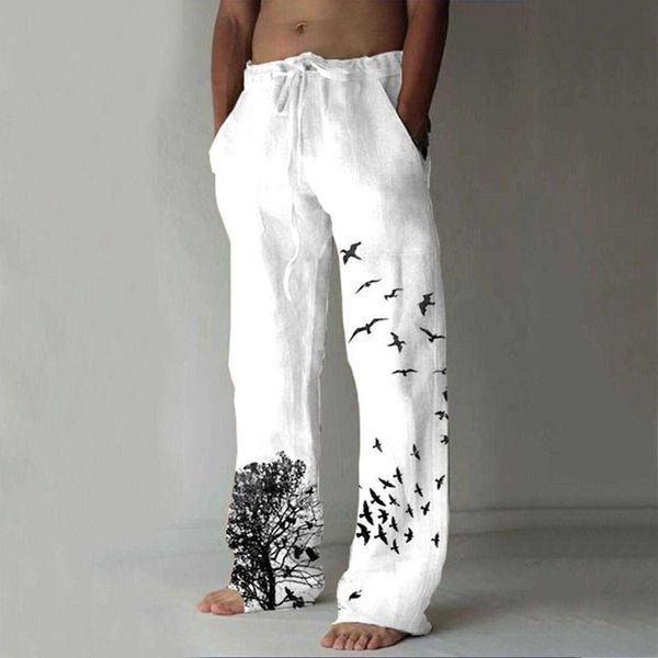 

new printed flying bird drawstring men's pants casual men's trousers, Black