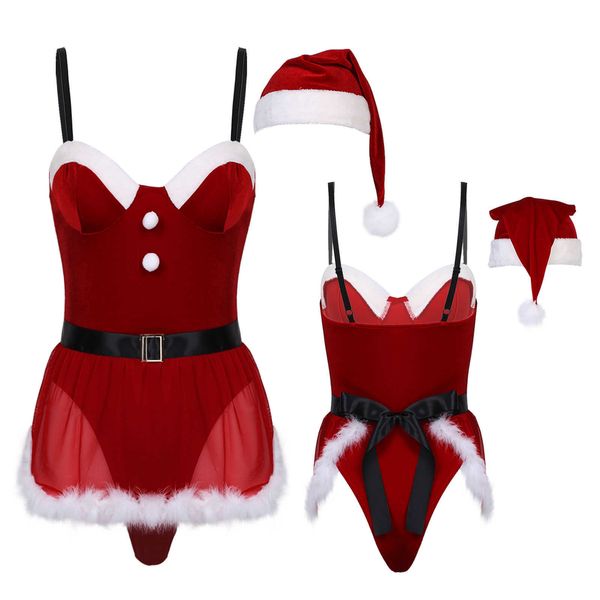

set women christmas lingerie adjustable straps red velvet bodysuit mrs claus santa cosplay dress up party costume xmas outfit t221103, Red;black