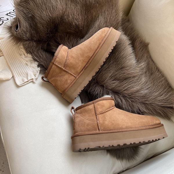

women classic mini platform boot ultra matte fur snow boots suede wool blend comfort winter designer ankle booties size 35-40 snow boot, Black
