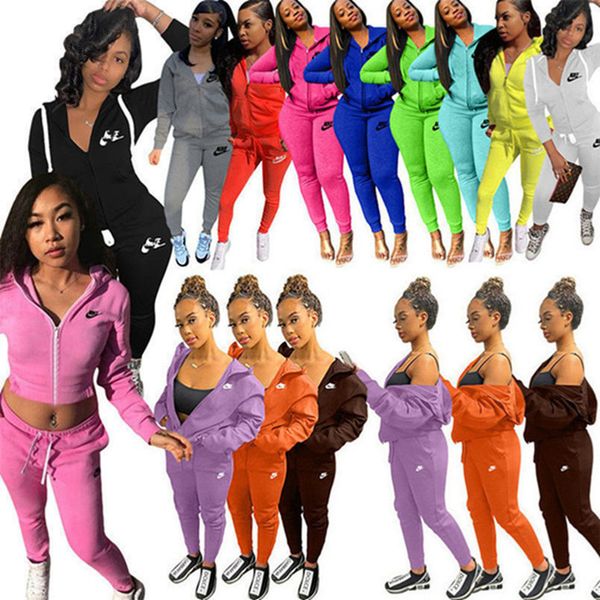 

2022 designer women embroidery letter tracksuits winter fall solid color 2 piece set zipper jacket pants hooded sports suit fashion long sle, Gray