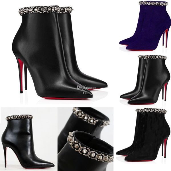 

luxury reds sole boot women ankle boots high heels booty chain 100mm pointed toe thin heeled winter pop designer 35-43 with box, Black
