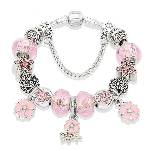 

fashion five petals flower style charm bracelets 925 sterling silver murano glass european charm beads fits bracelets pink cherry blossom da, Golden;silver