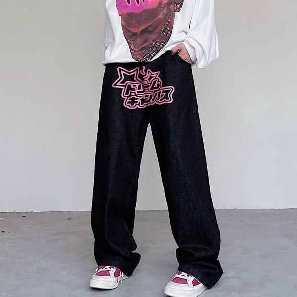 

men's jeans hip hop men print distressed causal vintage loose straight leg mopping wide-leg denim trousers black spring t221102, Blue