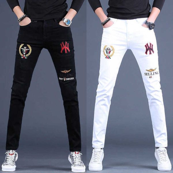 

men's jeans mens embroidery slimming white jeans stretch denim pants korea version trendy black jeans pants for men. t221102, Blue