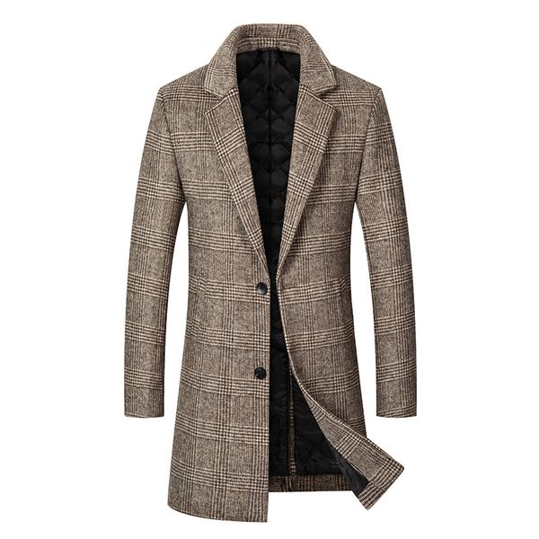 

men's casual trench coats notch lapel single breasted plaid mid long trench pea coat plus size 5xl, Tan;black
