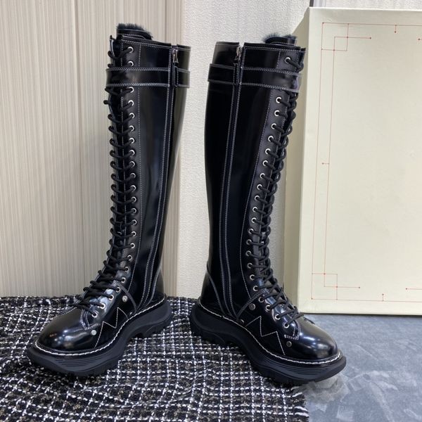 

women designer alexander tread boots womens knee long boot luxury lace up tall booties shiny leather round toes mc wedding queens party girl, Black