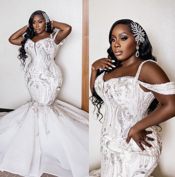 

plus size mermaid wedding dresses sweetheart crystals bridal gown custom made beaded sleeveless wedding gowns, White