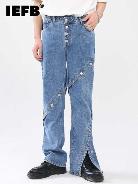 

men's jeans iefb men's wear new metal button design personalized split jeans 2022 solid color vintage fashion male trousers 9a4132, Blue