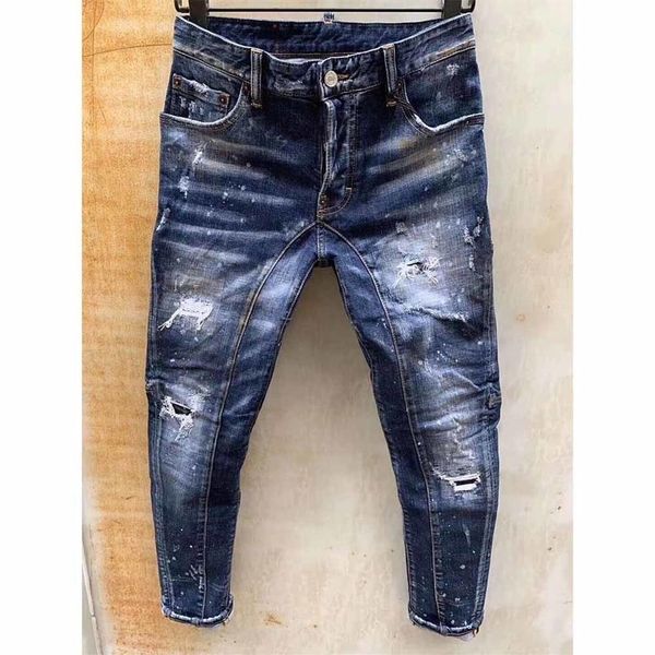 

mens rips stretch black jeans fashion slim fit washed motocycle denim pants panelled hip hop trousers wa8m329v, Blue