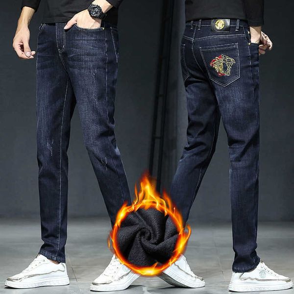 

ver autumn winter designer jeans plush thickened mid-waist trousers embroidery casual stretch small straight fashion pants mens oversized 66, Blue