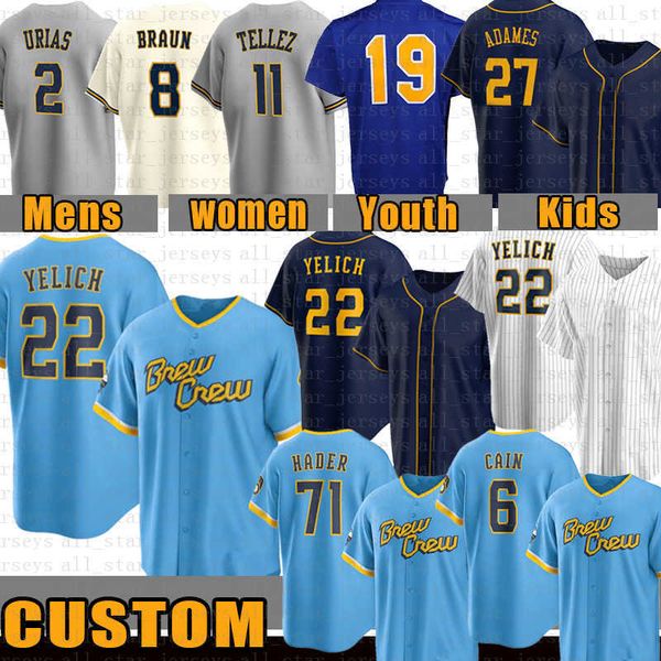 

custom 22 christian yelich baseball jersey milwaukee willy adames robin yount lorenzo cain jc mejia hunter renfroe luis urias josh hader, Blue;black