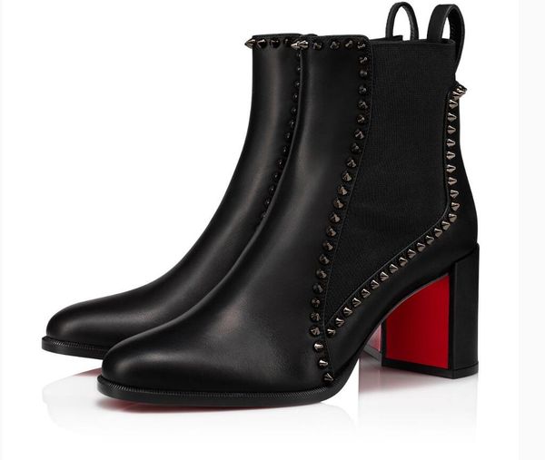 

luxury designer winter out line spikes boots women high heels black calf leather lady pointed toe booties party wedding bridal combat boot e