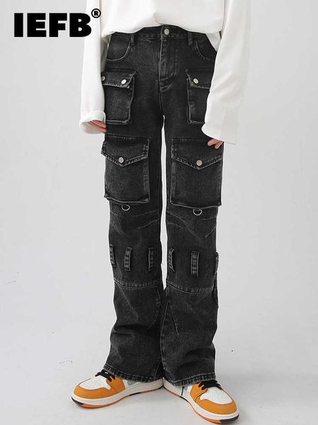 

men's jeans iefb men's wear cargo pants new straight tube washing multi pocket work jeans male trousers vintage darkwear temperame, Blue