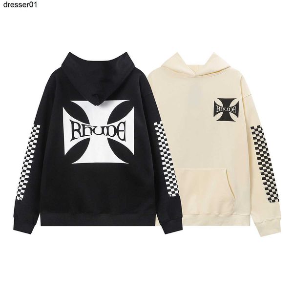 

american high street fashion brand sweatshirts chessboard print men's and women's loose casual hooded sweater, Black