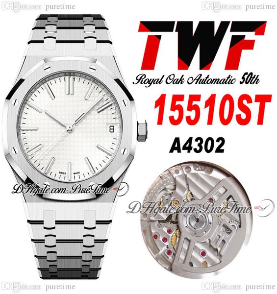 

twf 41mm 1551 a4302 automatic mens watch 50th anniversary silver textured dial stick markers stainless steel bracelet watches super edition, Slivery;brown