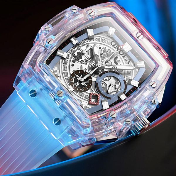 

onola brand designer plastic watch men 2019 casual unique luxury quartz wristwatch male square transparent white sport men watch259k, Slivery;brown
