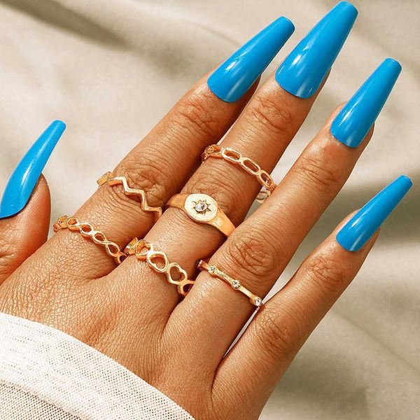 

new simple heart hollow out ring set geometric personality diamond set six piece ring, Silver