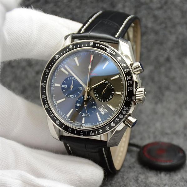 

44mm quartz chronograph date mens watches grey dial black leather band fixed bezel with a ring showing tachymeter markings189r, Slivery;brown