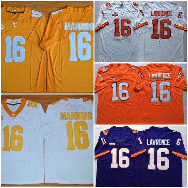 

ncaa college 16 peyton manning football jersey tennessee volunteers 16 trevor lawrence clemson tigers white orange men football jerseys stit, Black