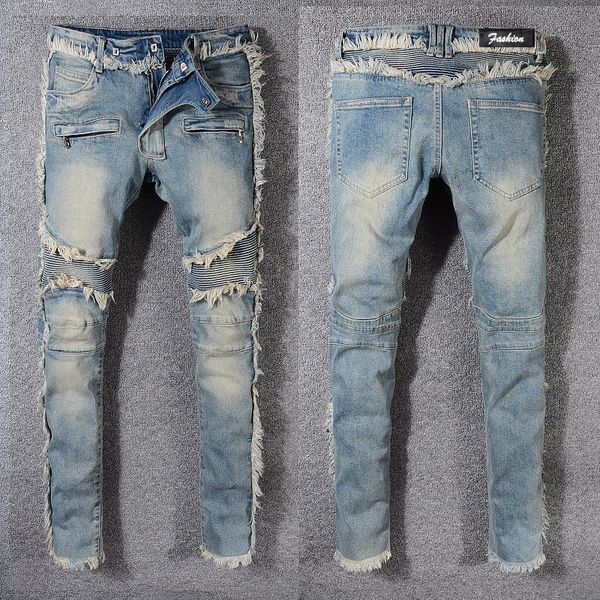 

designer jeans for men fashion street mens denim stretch pants spliced with raw edge motorcycle made old color ripped patch man jeans slim p, Blue
