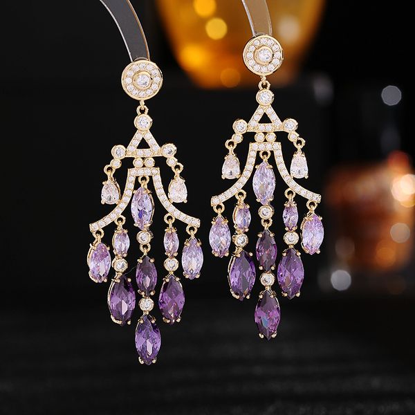 

zircon inlaid exaggerated atmospheric water droplet tassel earrings wedding gown bridal accessories, Golden;silver