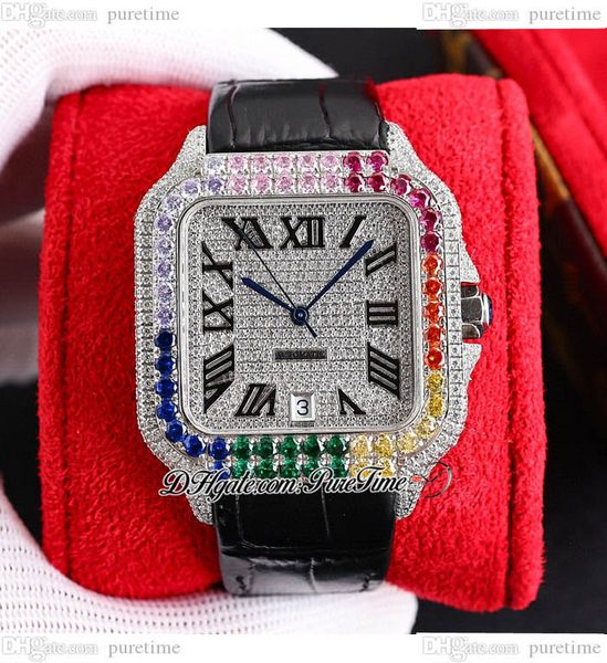 

twf twwssa0009 m8215 paved diamonds automatic mens watch 40mm miyota fully iced out colors diamond case black roman markers leather strap su, Slivery;brown