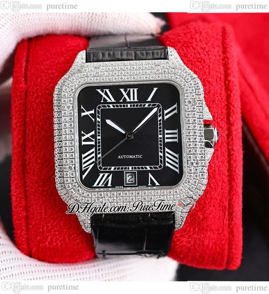 

twf twwssa0009 m8215 paved diamonds automatic mens watch 40 miyota fully iced out diamond black dial white roman markers leather watches sup, Slivery;brown