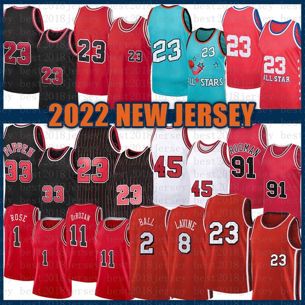 

basketball jersey 8 33 91 mj lonzo ball demar derozan derrick rose 2022 2023 new 23 45 9 2 11 1 mens zach lavine scottie pippen dennis rodma, Black;red