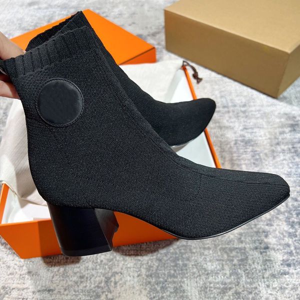 

winter brand volver ankle boots women horseshoe-shaped heels black technical canvas knit fashion booties evening party dress booty eu35-40