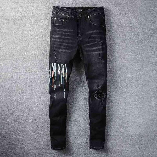 

amirs men jeans amirs new us casual hip hop high street worn out and worn washed splash ink color painting slim fit jeans men's #830 hi, Blue