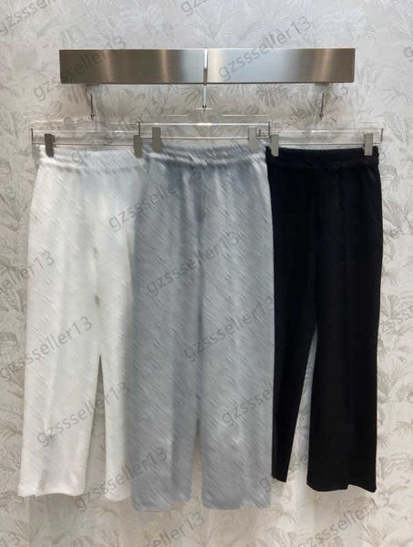 

women pants elastic waist jacquard logo draw string pocket wide leg pant thick fabric trouser legs slit design casual trousers designer comf, Black;white