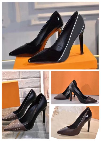 

classic high-heeled boat shoe designer leather rivet thick heel high heels 100% cowhide metal button women pointed letter dress shoes large, Black