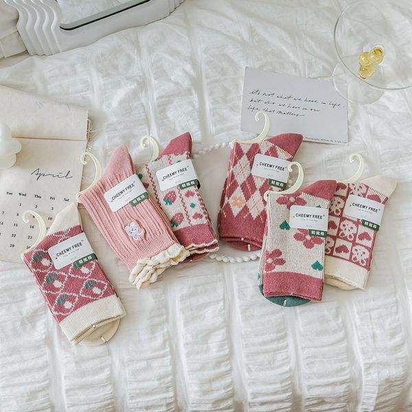 

socks pink sweet cute rabbit garden medium long tube women's double needle double way, Black;white