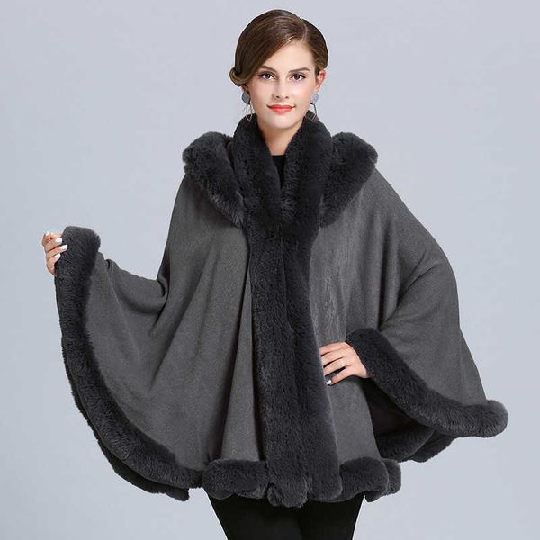 

women's fur faux fur loose winter capes women winter warm fur cloak with hat 2021 new lady fashion poncho capes outwear coat for women, Black
