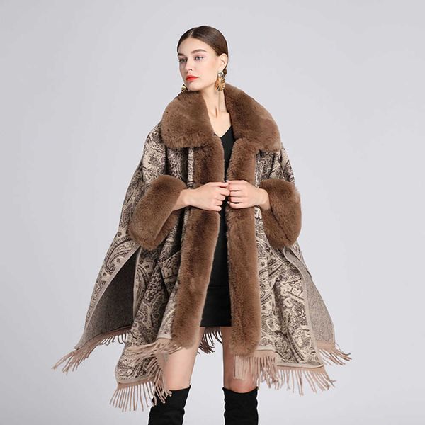 

women's fur faux fur fashion faux rex rabbit fur overcoat pocket jacquard cloak big version soft warm wool blends cape coat winter wome, Black