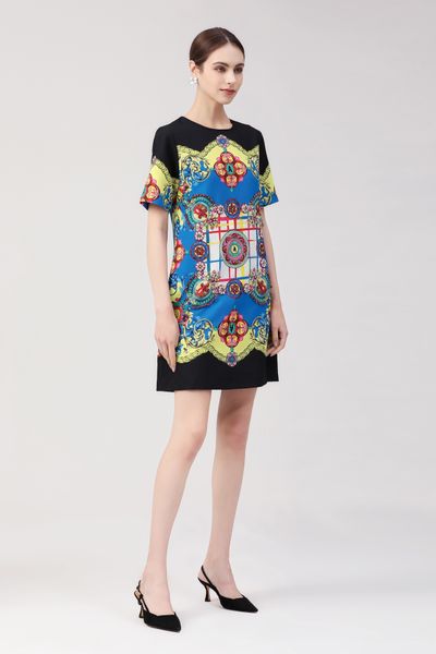 

dress short sleeve round neck hand beaded high temperature print, Black;gray