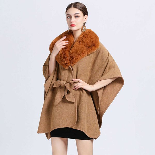 

women's fur faux fur fashion imitated cashmere cloak women poncho jackets faux rex rabbit big fur overcoat lapel loose cape coats women, Black