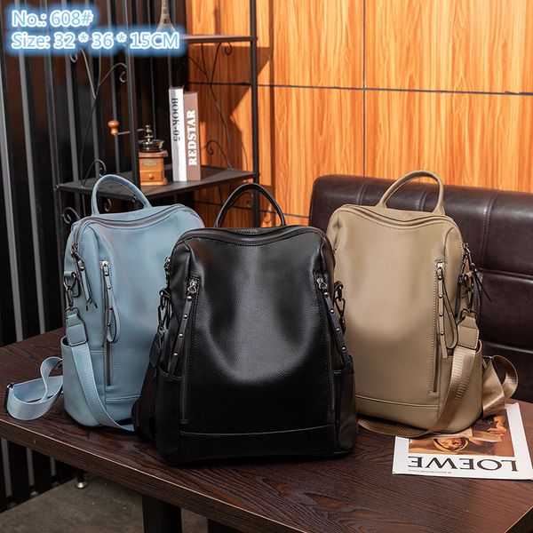 

Fashionable womens shoulder bag 3 colors simple and versatile lychee pattern handbag soft and comfortable leather backpack street trend double zipper backpacks, Black