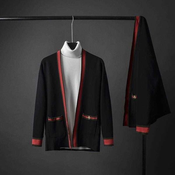 

men's hoodies fleece mens knitting cardigan stripes bee embroidered pocket sweater casual handsome autumn winter coat wholesale male cl, Black
