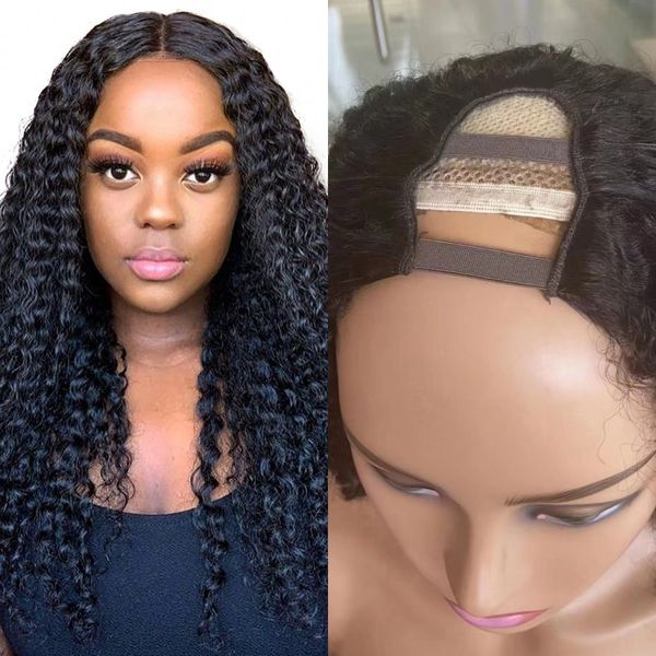 

peruvian hair kinky curly u part wig for black women remy human hair wigs 150% glueless, Black;brown