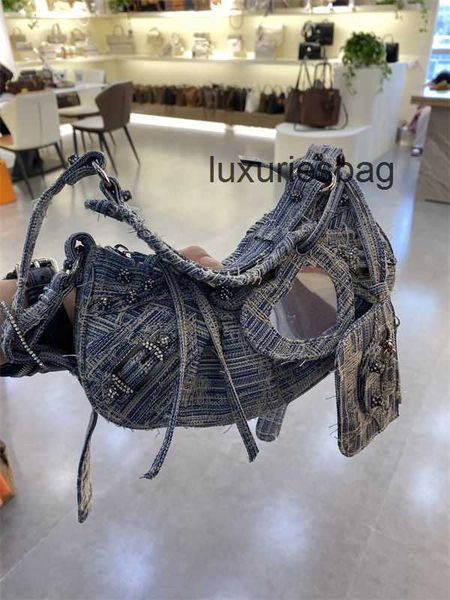 

leather fashion lecagole balenicass biker bag 2022 autumn winter linen blended denim rivet crescent armpit oblique back aristocratic family