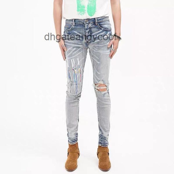 

jeans amirs designer jean mens pant ch high street fashion brand wash water make old blue hole badge embroidery spray painting slim fit