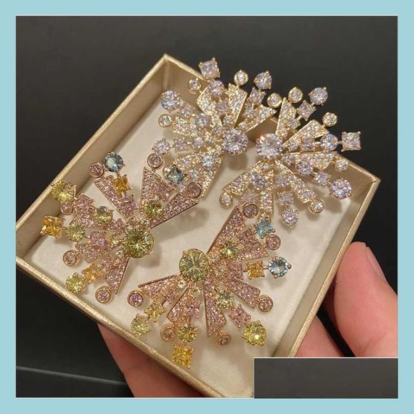 

stud stud olor doublelayer fanshaped firework earrings super dazzling and exaggerated french temperament fl zircon drop delivery jewe dh5q8, Golden;silver