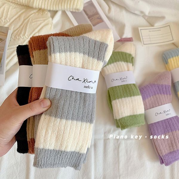

autumn and winter thick striped wool socks thickened medium tube women's versatile soft waxy warmth, Black;white