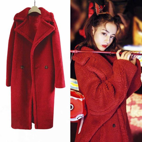 

women designer woolen coat max classic teddy bear jacket handmade pure fur fur coats winter long loose fashion windbreaker 144, Black