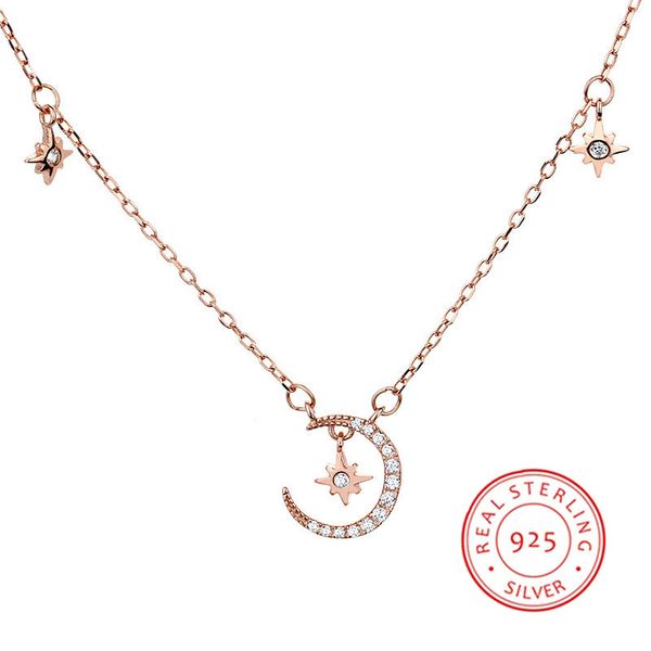 

100% 925 silver moon and stars chain pendants necklaces fashion aaaa zircon fine jewelry for women