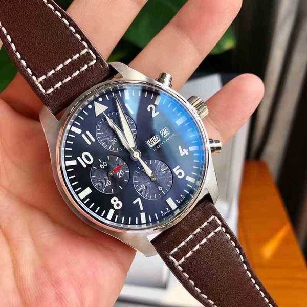 

6-pin pilot complex function timing watch men's automatic mechanical leisure business luminous large dial 76rg, Black;brown